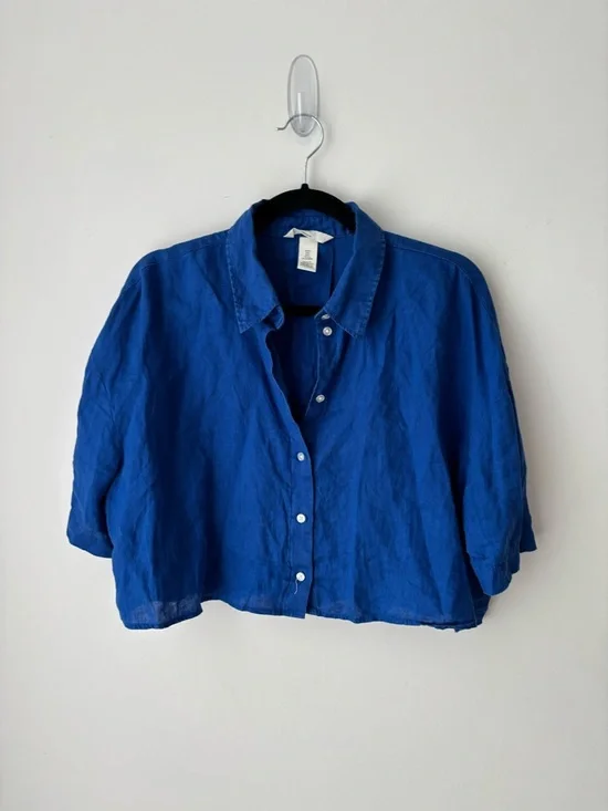 H&M Blue Linen Blend Matching Set Cropped Shirt & Shorts Coastal Summer Set - Picture 3 of 11